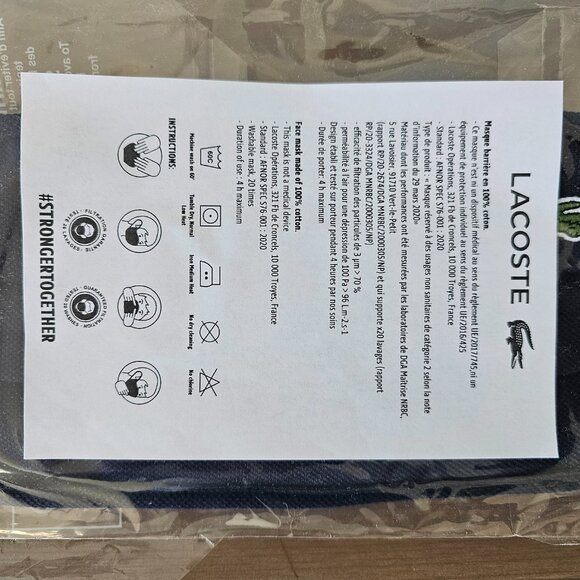 NWT LACOSTE Navy Blue Pique Cotton Ear Loop Face Mask W/ Pouch Unisex One Size - Picture 2 of 9